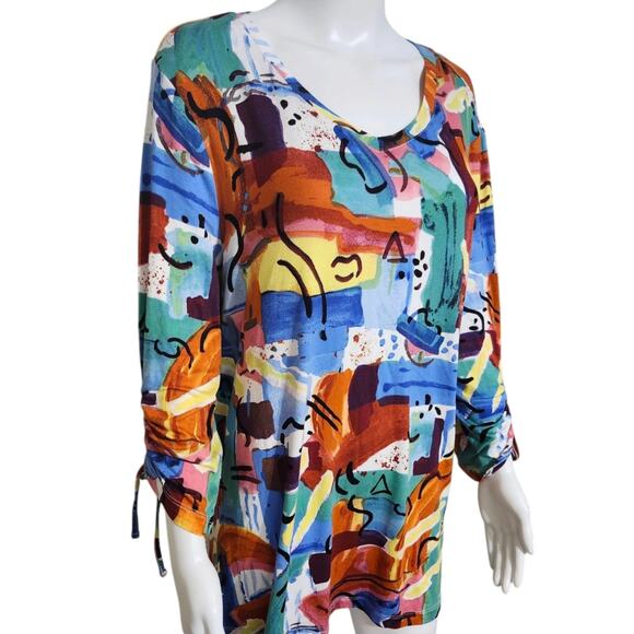 Ali Miles Womens Large Stretchy Top 3/4 Cinch Sleeve Art To‎ Wear Artsy Abstract - Picture 4 of 7